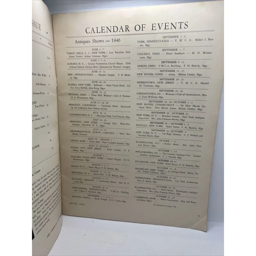 1946 The American Antiques‎ Journal June 1946 Flea Market Sales Calendar